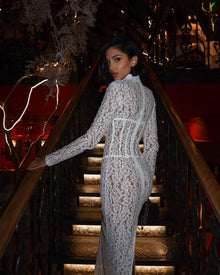 High-Neck Long-Sleeve Corset-Inspired White Lace Dress