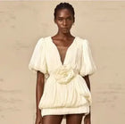 Mesh V-Neck Lantern-Sleeve Ruched Bubble Dress with 3D Floral Appliqué