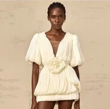 Mesh V-Neck Lantern-Sleeve Ruched Bubble Dress with 3D Floral Appliqué