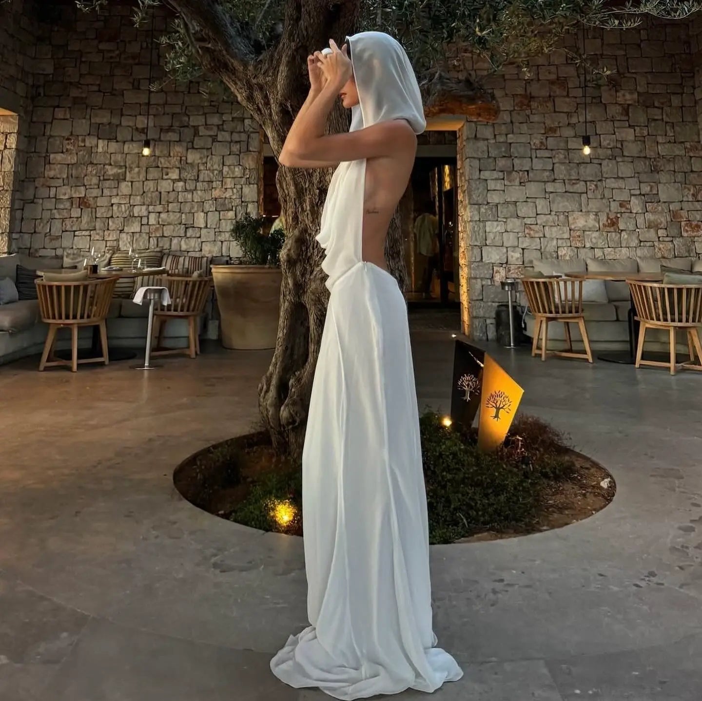 Backless Hooded Chiffon Maxi Dress