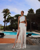 Asymmetric One-Shoulder Sleeveless Waist-Cutout Fringe-Panel Dress