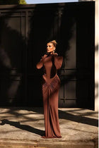 High-Neck  Waist Cut-Out  Ruched Maxi Dress