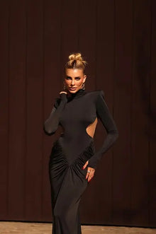 High-Neck  Waist Cut-Out  Ruched Maxi Dress