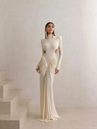 High-Neck  Waist Cut-Out  Ruched Maxi Dress