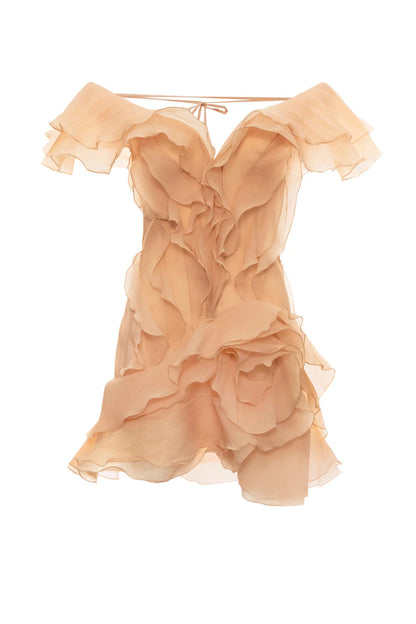 Theia Ruffle Layers Strapless Mini Dress In Beige