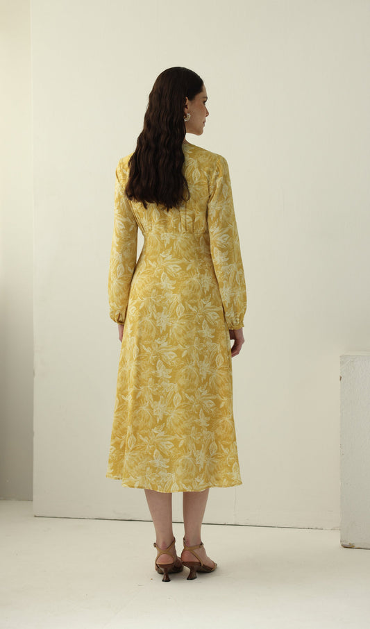 Yellow Floral Printed V Neck Midi Dress