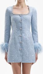 Sequin Boucle Feather Mini Dress
