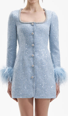 Sequin Boucle Feather Mini Dress