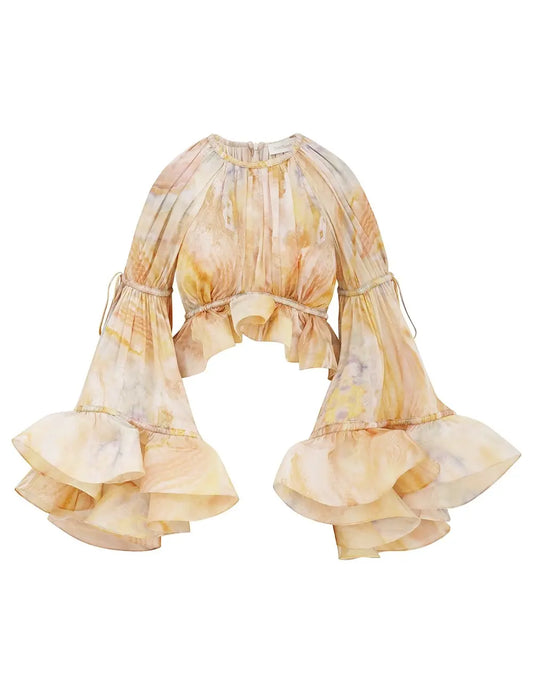 Shoulder cutout flounce sleeve top and ruffled hem skirt