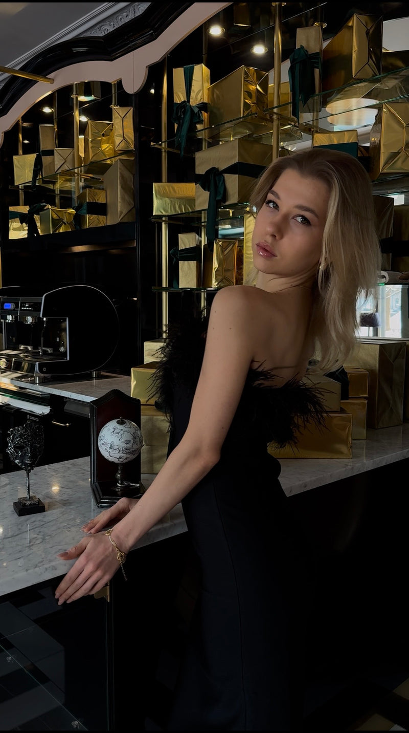 Lena Feather Trimmed Midi Dress Black