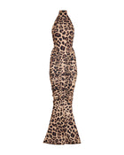 High-Neck Sleeveless Backless Ruched Leopard-Print Maxi Dress