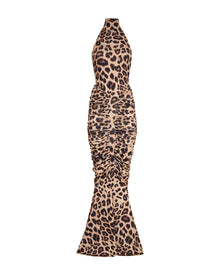 High-Neck Sleeveless Backless Ruched Leopard-Print Maxi Dress