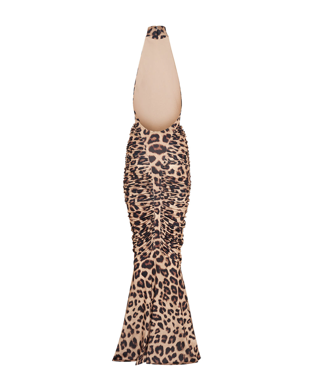 High-Neck Sleeveless Backless Ruched Leopard-Print Maxi Dress