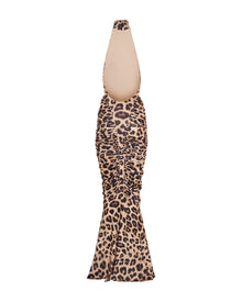High-Neck Sleeveless Backless Ruched Leopard-Print Maxi Dress