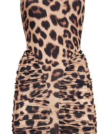 High-Neck Sleeveless Backless Ruched Leopard-Print Maxi Dress