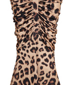 High-Neck Sleeveless Backless Ruched Leopard-Print Maxi Dress