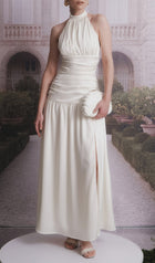 Satin Halter Draped Bodice Maxi Dress