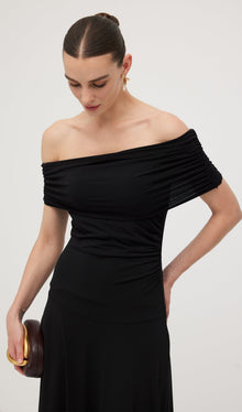 Off Shoulder Draped Midi Dress