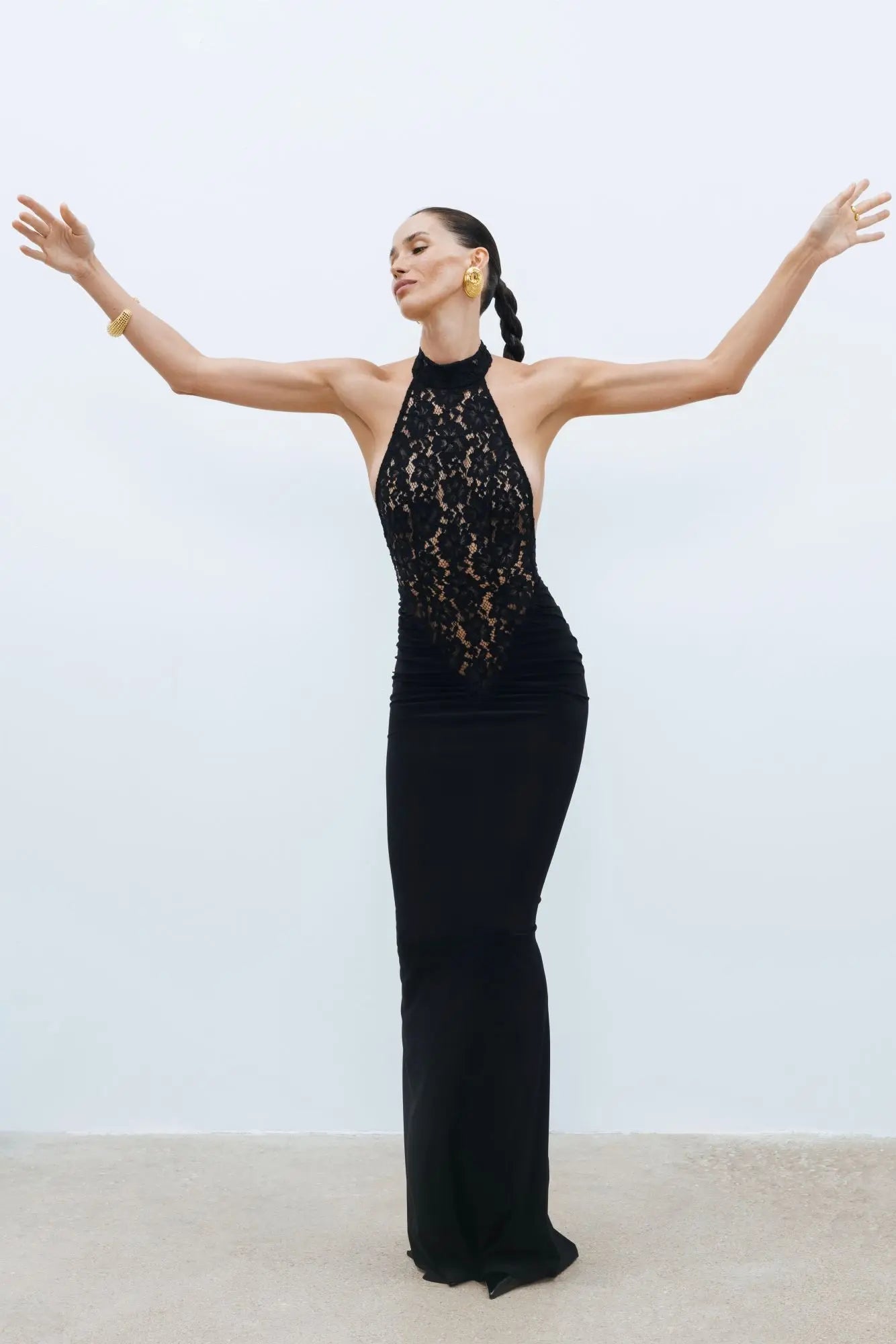 High-Neck Sleeveless Lace-Splicing Ruched-Waist Backless Bodycon Dress