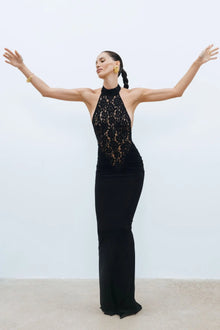 High-Neck Sleeveless Lace-Splicing Ruched-Waist Backless Bodycon Dress