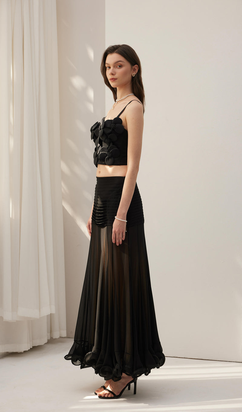 Ruffled Chiffon Maxi Skirt Black
