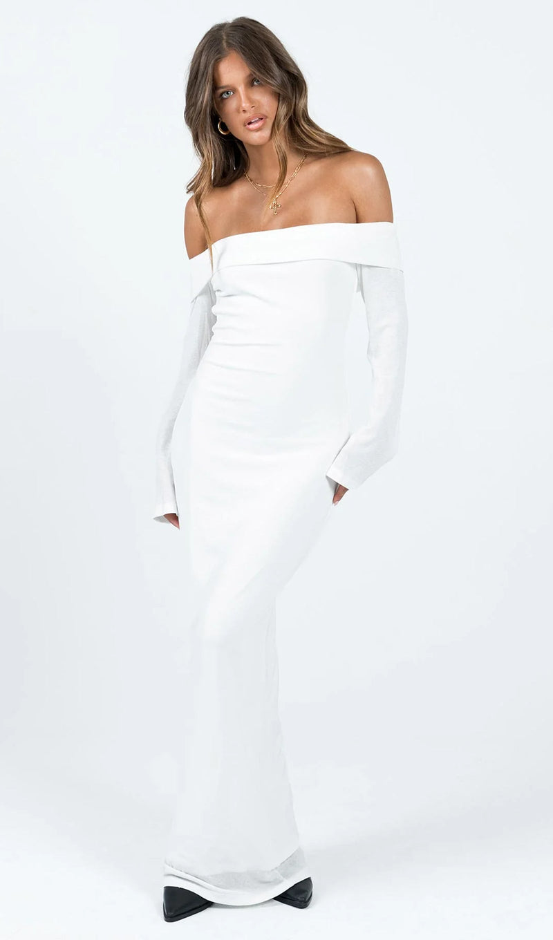 Maida Folded Neckline Maxi Dress White