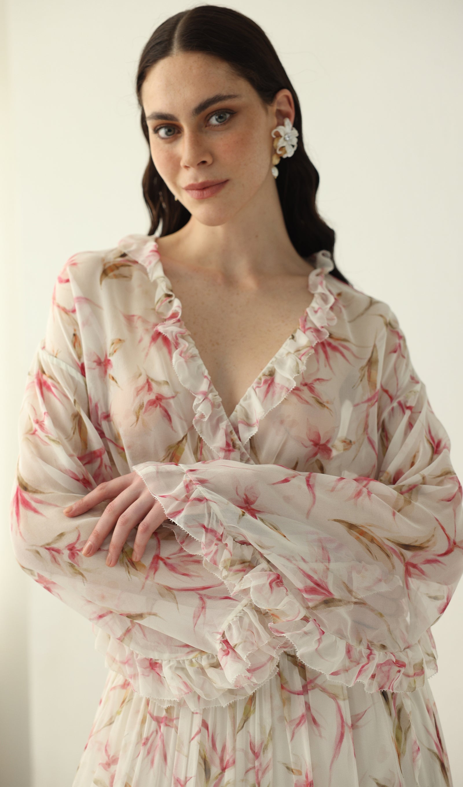 Floral Silk Ruffle Two Piece Sets