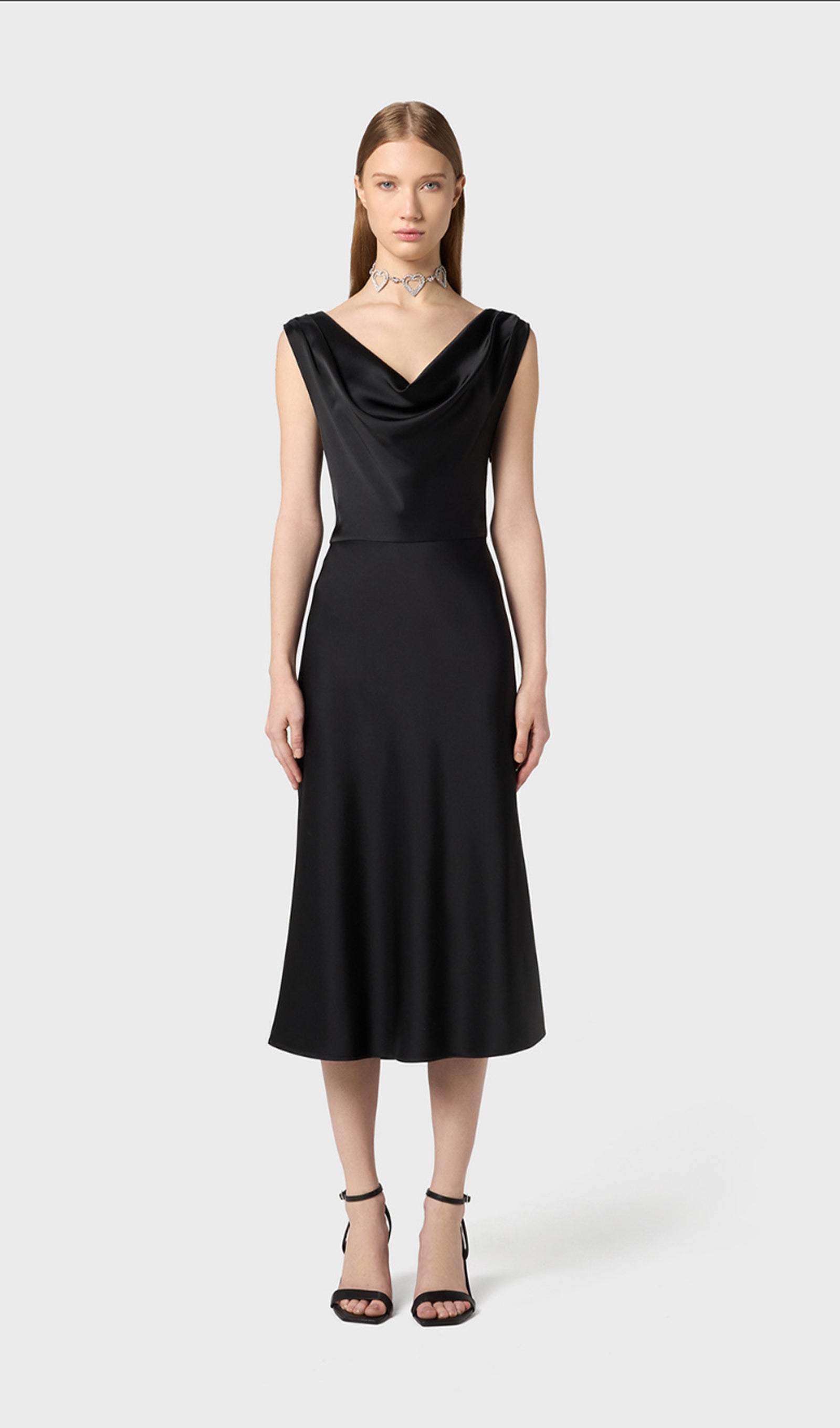 Shiny Satin With Draped Neckline Midi Dress