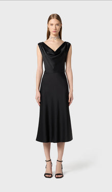 Shiny Satin With Draped Neckline Midi Dress