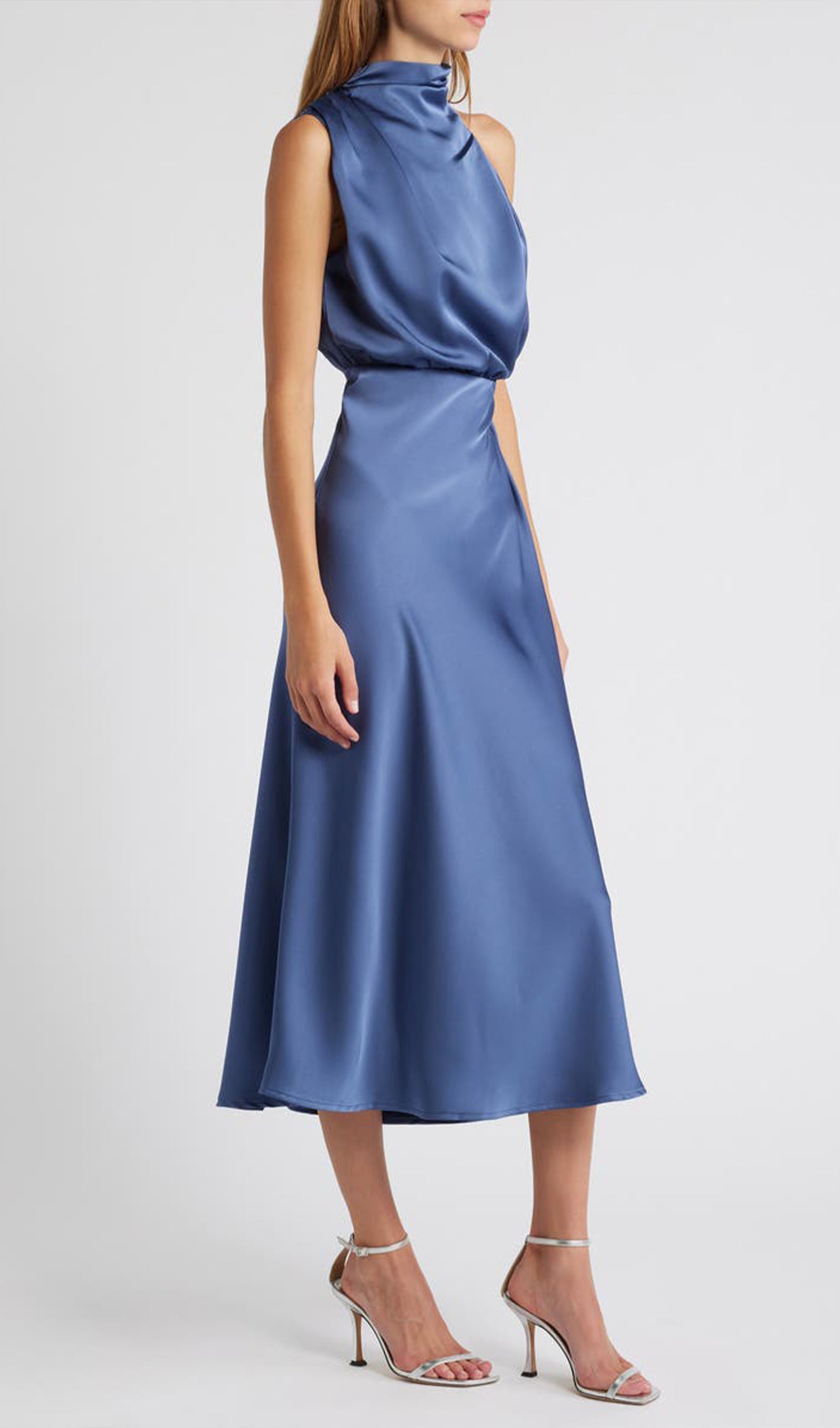 Asymmetric Satin Midi Dress Daisy Blue