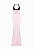 Halter Black-and-Pink Paneled Satin Maxi Dress