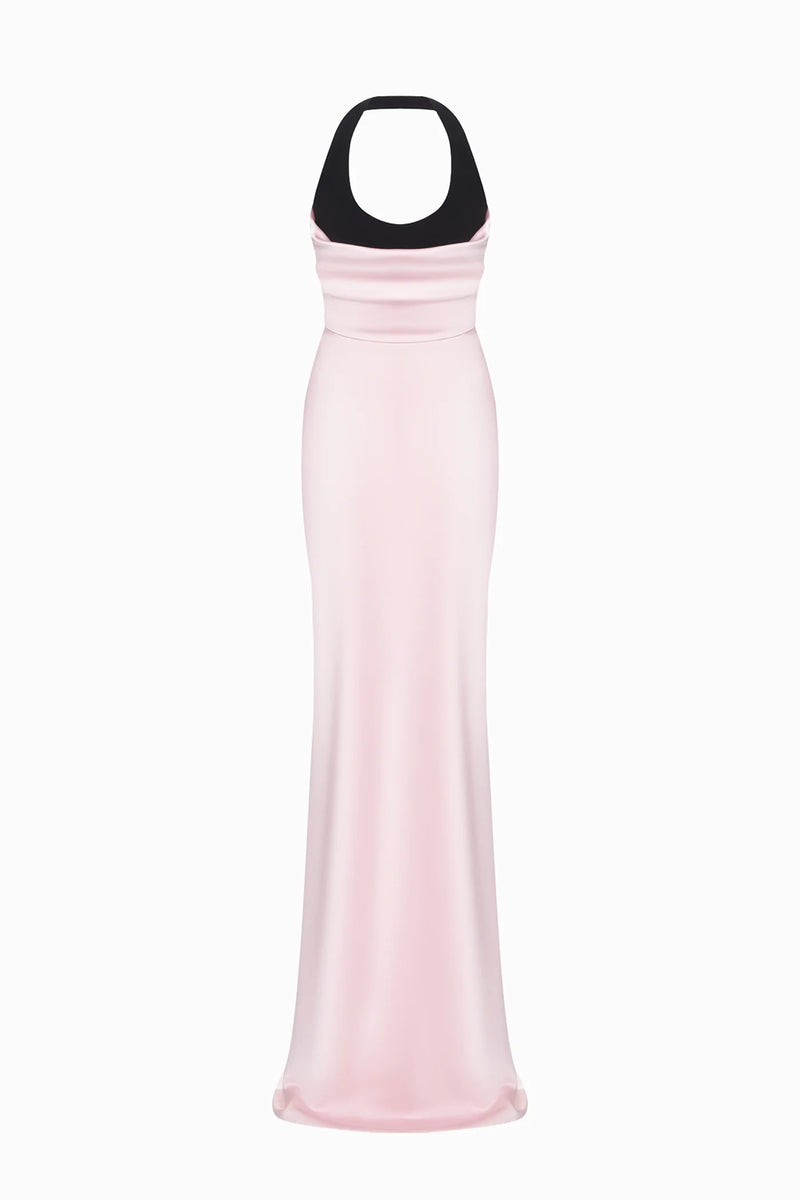 Halter Black-and-Pink Paneled Satin Maxi Dress