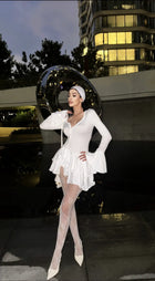 Asymmetrical Button-Front Ruffle Mini Long-Sleeve Dress