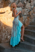 Crew-Neck Sleeveless Asymmetric Ruffle Lace Dress