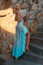 Crew-Neck Sleeveless Asymmetric Ruffle Lace Dress