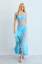 Crew-Neck Sleeveless Asymmetric Ruffle Lace Dress