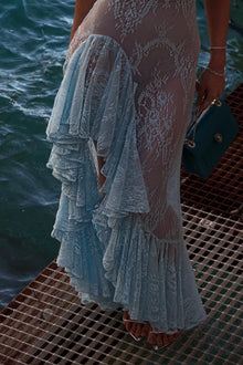 Crew-Neck Sleeveless Asymmetric Ruffle Lace Dress