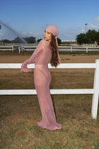 Long-Sleeve V-Neck Tie-Detail Striped Mesh Dress