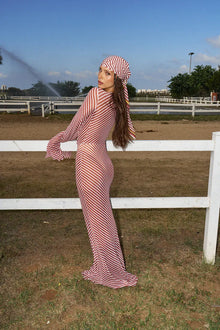 Long-Sleeve V-Neck Tie-Detail Striped Mesh Dress