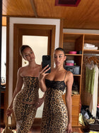 Sequin Leopard Bustier Top with Low-Rise Bodycon Skirt Two-Piece Set