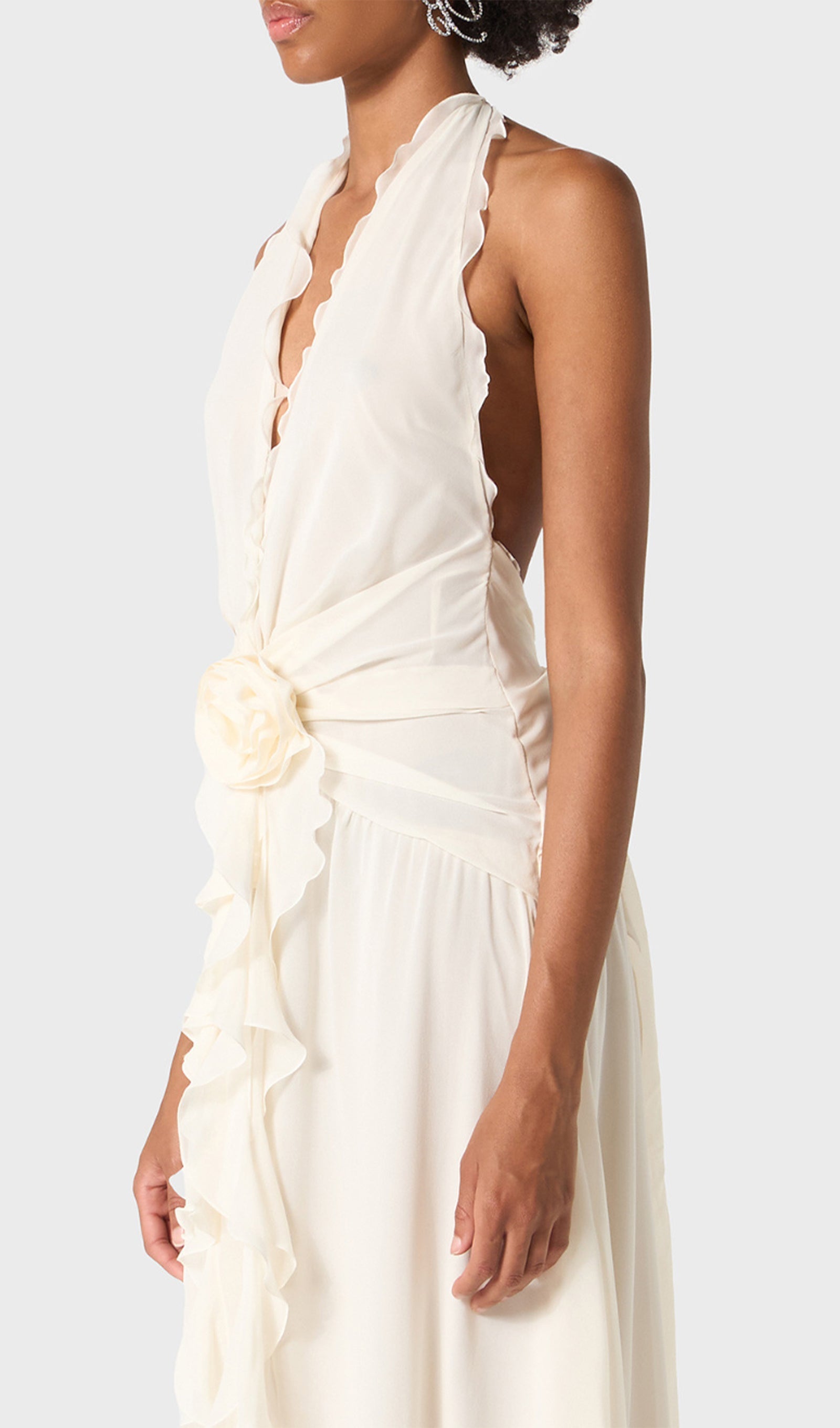 Halter Ruffles Rose Decoration Maxi Dress