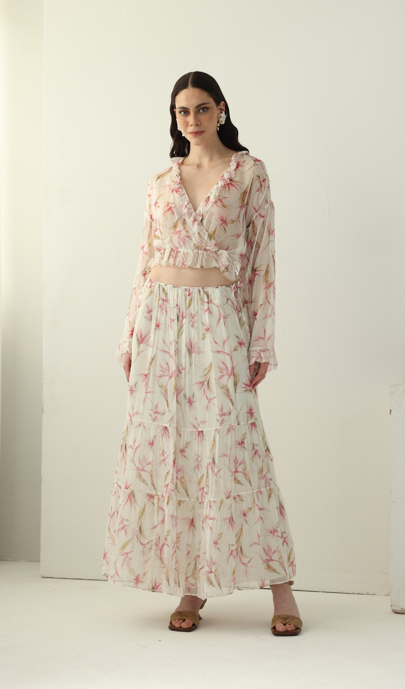 Floral Silk Ruffle Two Piece Sets