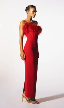 Lena Feather Trimmed Midi Dress Red
