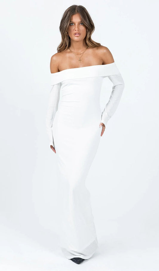 Maida Folded Neckline Maxi Dress White