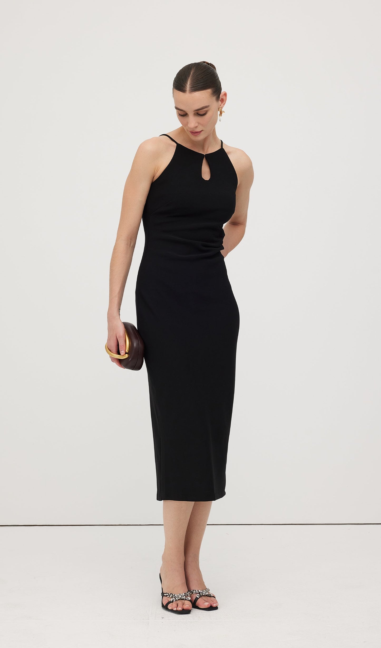 Solid Keyhole Cutout Midi Dress