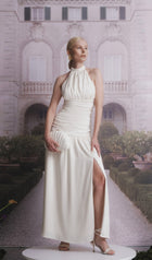 Satin Halter Draped Bodice Maxi Dress