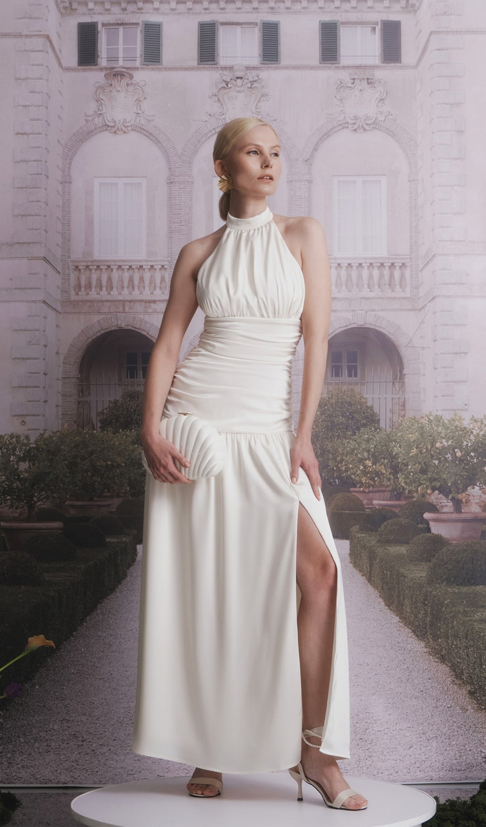 Satin Halter Draped Bodice Maxi Dress