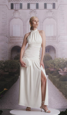 Satin Halter Draped Bodice Maxi Dress