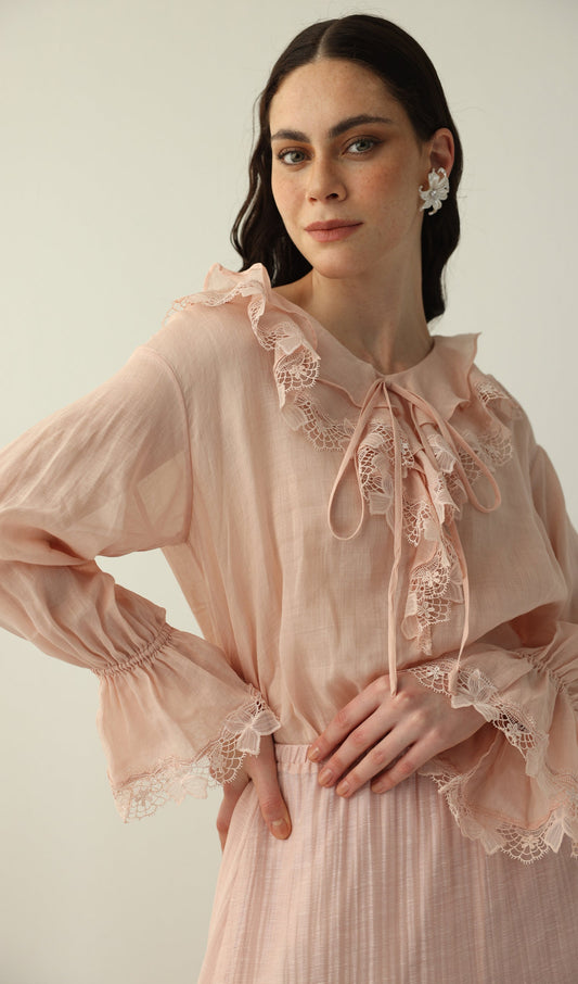 V Neck Lace Panel Ruffled Top