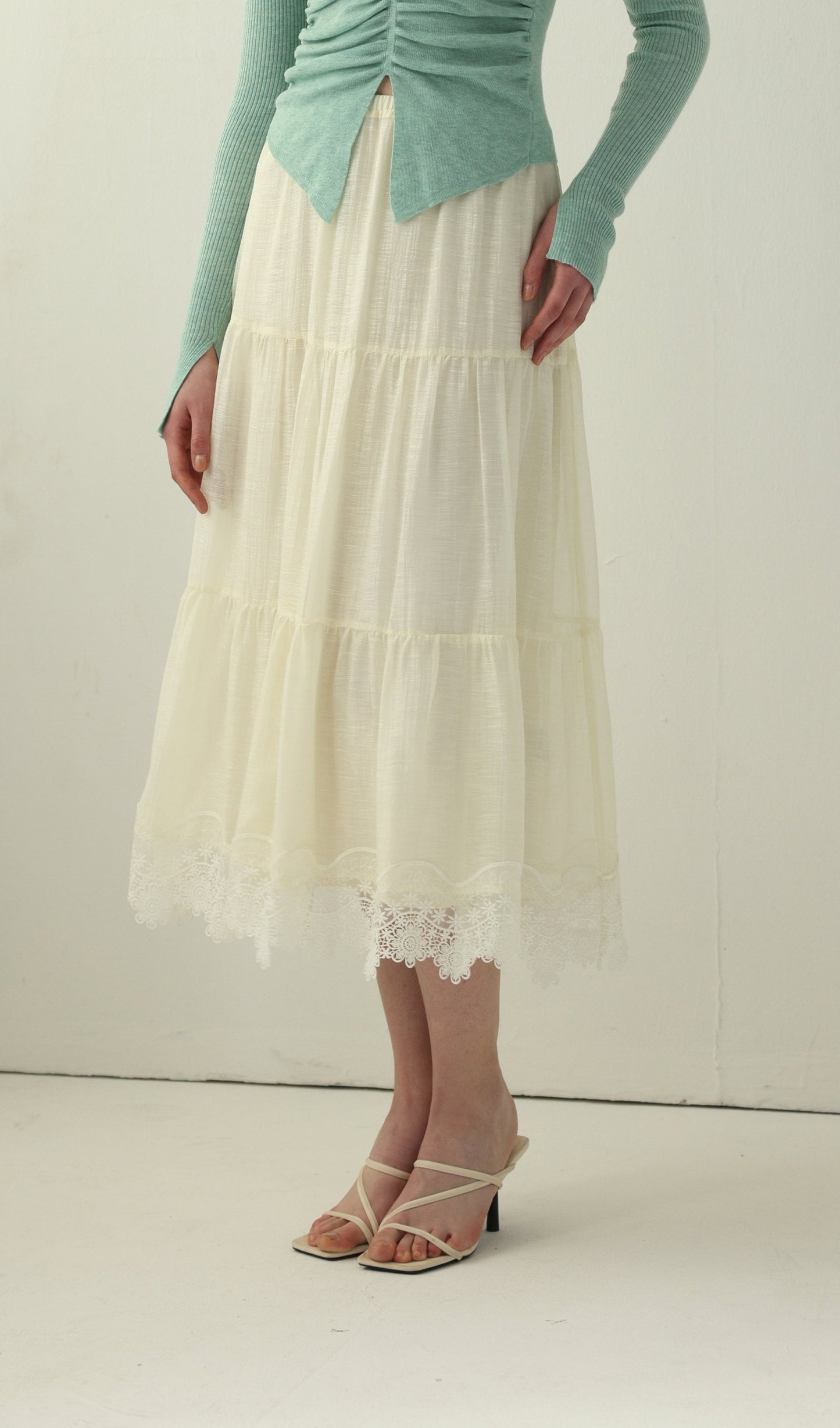 Long Sleeved Lace Panel Midi Skirt